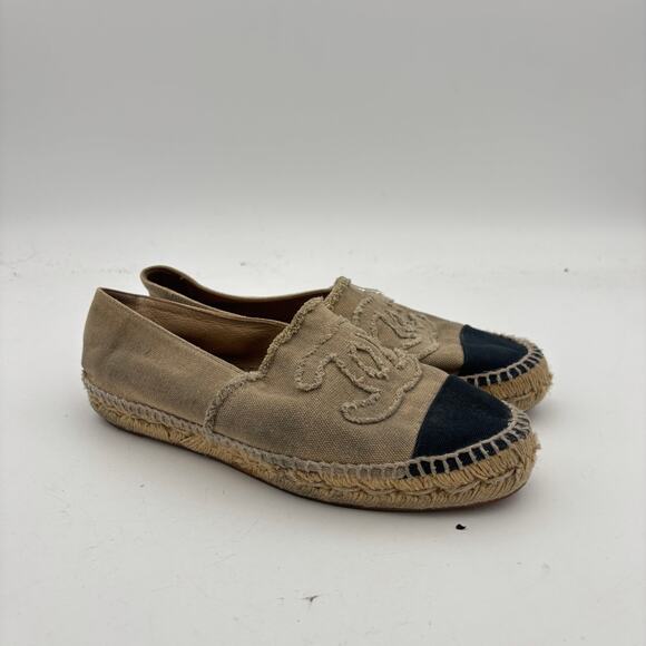 Chanel CC Logo Canvas Black Cap Toe Espadrilles Slip Ons Women's 37 - Picture 1 of 14